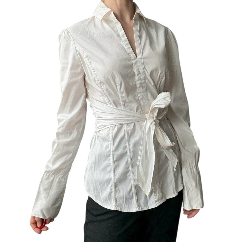White House Black Market White Long Sleeve Tie Front Blouse vintage y2k